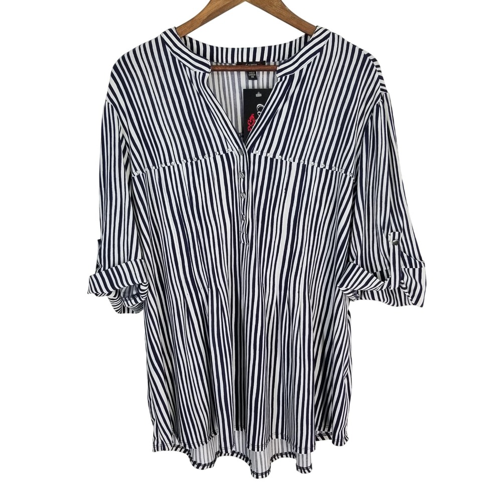 Cocomo Woman Plus 3X Navy White Striped‎ Studded Roll Tab Sleeve Tunic Nautical
